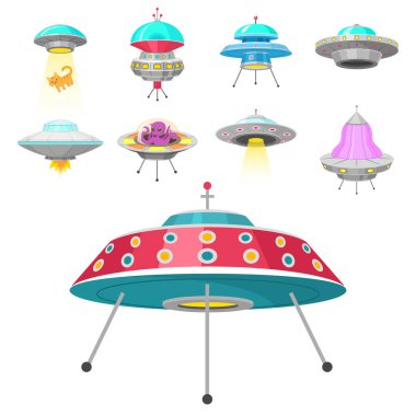 Alien uzay gemileri, ayarla, Ufo tanımlanamayan uçan nesne, fantastik roketler, evrenin uzayda kozmik spacecrafts. Beyaz arka plan üzerinde vektör çizim. GUI öğeleri, karikatür tarzı, düz oyunu.