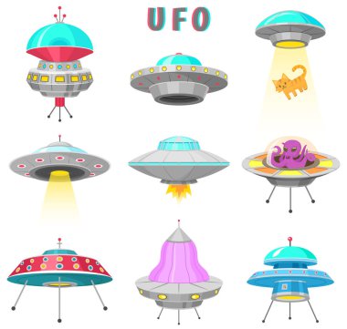 Alien uzay gemileri, ayarla, Ufo tanımlanamayan uçan nesne, fantastik roketler, evrenin uzayda kozmik spacecrafts. Beyaz arka plan üzerinde vektör çizim. GUI öğeleri, karikatür tarzı, düz oyunu.