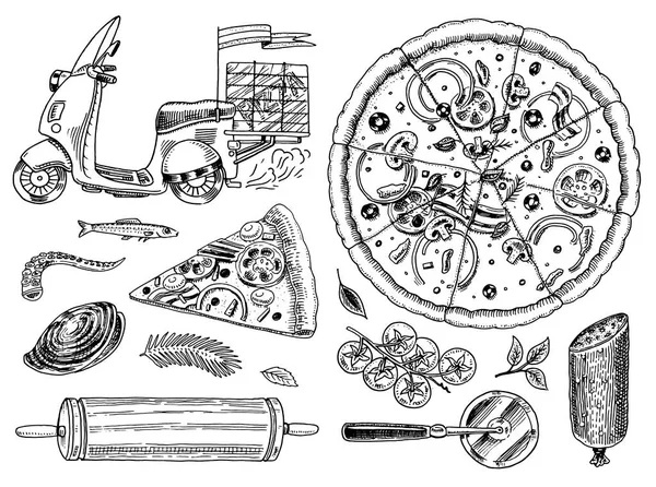 Conjunto de pizza com queijo. Comida vegetariana italiana gostosa com tomate, frutos do mar e azeitonas e berinjela. Ingredientes para cozinhar. Esboço para menu de restaurante. Modelo desenhado à mão. Estilo vintage . — Vetor de Stock