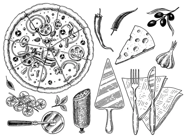 Набор пиццы с сыром. Вкусная итальянская вегетарианская еда с помидорами, морепродуктами, оливками и баклажанами. Ингредиенты для приготовления пищи. Скетч для меню ресторана. Ручной рисунок шаблона. Винтажный стиль . — стоковый вектор