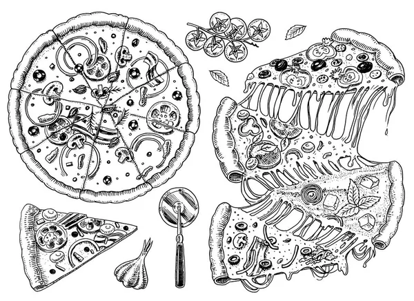 一套比萨饼配奶酪。美味的意大利素食与西红柿, 橄榄和茄子。餐厅菜单的草图。手绘模板。复古风格. — 图库矢量图片