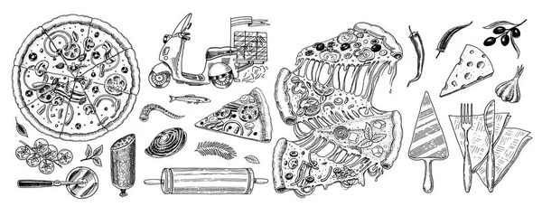 Conjunto de pizza com queijo. Comida vegetariana italiana gostosa com tomate, frutos do mar e azeitonas e berinjela. Ingredientes para cozinhar. Esboço para menu de restaurante. Modelo desenhado à mão. Estilo vintage . —  Vetores de Stock