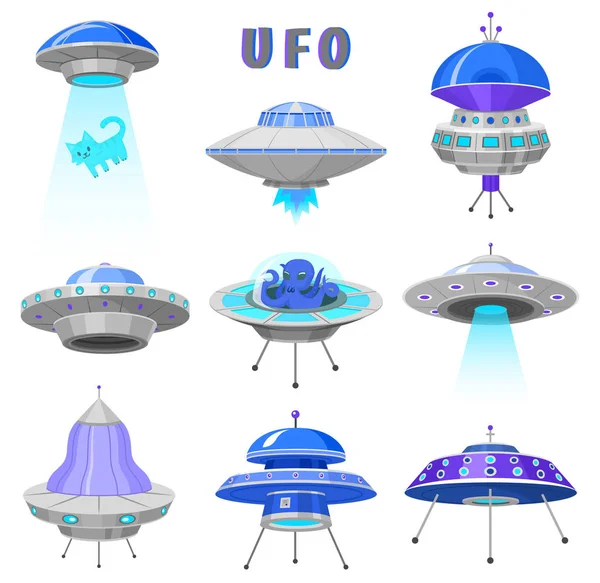 Uzaylı uzay gemileri, dizi Ufo tanımlanamayan uçan nesne, fantastik roketler, evrenin uzayda kozmik spacecrafts. Resimde beyaz arka plan üzerinde vektör. GUI öğeleri. Düz oyun, karikatür tarzı.