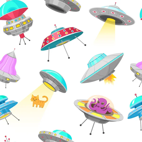 UFO sömlösa mönster. Främmande rymdskepp, oidentifierade flygande föremål, fantastisk raketer, kosmiska rymdfarkoster i universum rymden. Vektorillustration på vit bakgrund. GUI element, platt karikatyr spel. — Stock vektor
