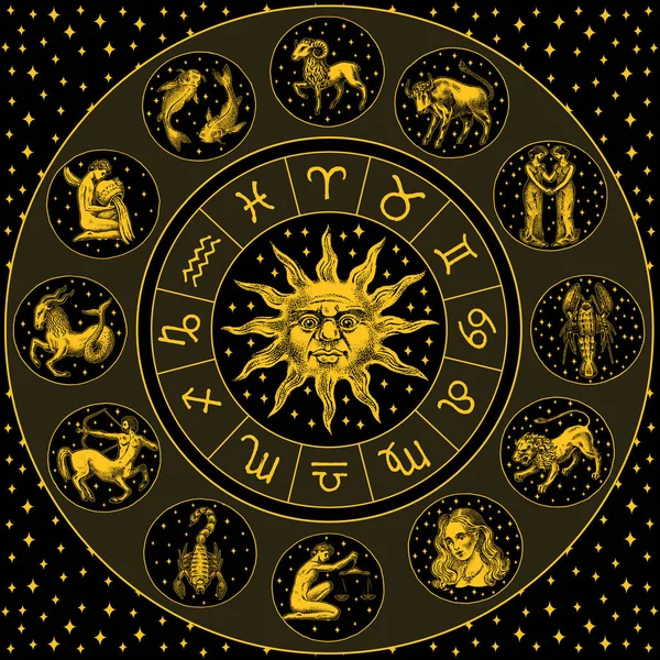 Zodyak tekerlek. Daire, Güneş ve işaretleri ile astroloji burç. Takvim şablonu siyah arka plan üzerine. Koleksiyon anahat hayvanlar. Poster veya başlık sayfası, etiket veya etiket. Oyma el çekilmiş vintage kroki.