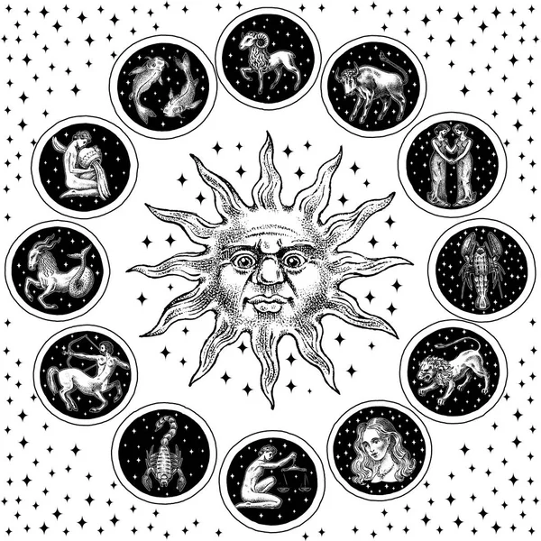 Zodiac Wheel. Astrology horoscope with circle, sun and signs. Calendar template on black background. Collection outline animals. Poster or banner, Label or sticker. Engraved hand drawn vintage sketch. — Stock Vector