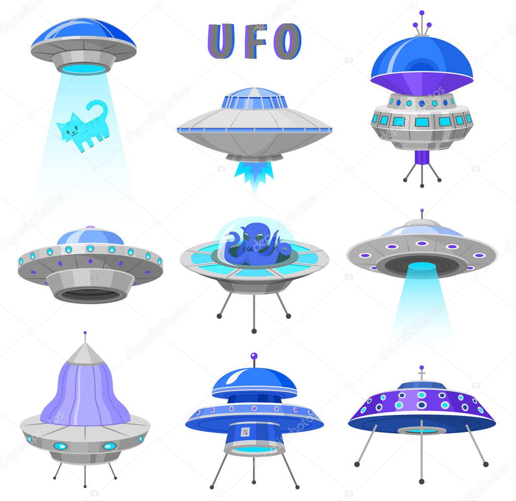 Alien spaceships, set of UFO unidentified flying object, Fantastic rockets, Cosmic spacecrafts in universe space. vector Illustration on white background. GUI elements. Flat game, Cartoon style.