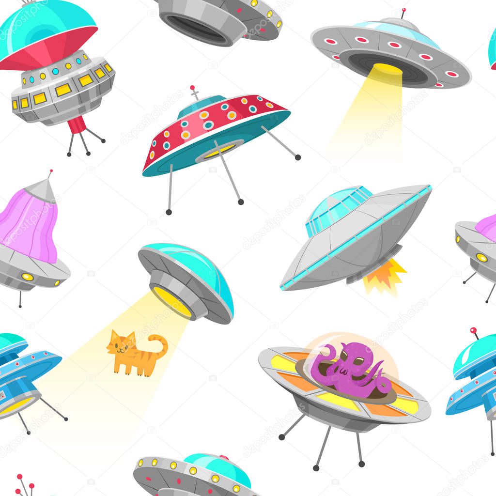 UFO Seamless pattern. Alien spaceships, unidentified flying object, Fantastic rockets, Cosmic spacecrafts in universe space. Vector Illustration on white background. GUI elements, Cartoon Flat game.