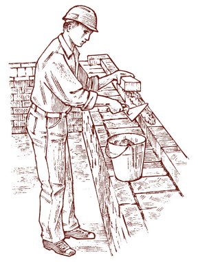 Evin çatısında çimento veya adam Oluşturucu. Çalışan mühendis kask içinde. El retro vintage resimde çekilmiş. Oyulmuş kroki.