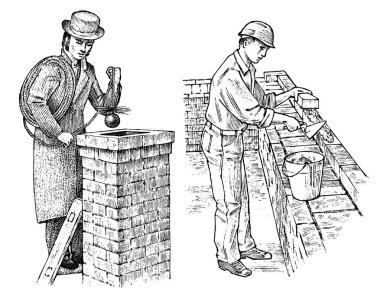 Teknisyen çimento ve adam builder evin çatısında. Beyefendi ve çalışan mühendis kask içinde onarımları yapmak. El retro vintage resimde çekilmiş. Oyulmuş kroki.
