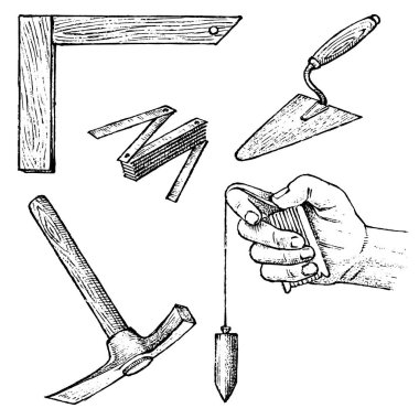 İnşaat ve onarım binaların araçların çalışma. Spatula, çekiç, ölçüm cihazları. Elle çizilmiş hakketmek vintage kroki.