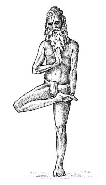 Uluslararası Yoga. Ulusal adam Hint kültüründe meditasyon yapıyor. Hatha Vrksasana pozisyon, zen poz karakter. Boho stil afiş için çizimde. Elle çizilmiş hakketmek vintage kroki.