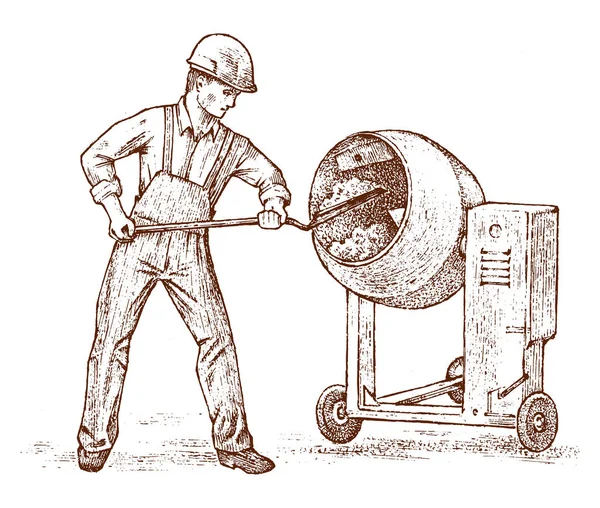 Építő technikus vagy Cement dolgozó mérnök a sisak javításokat. Építőipari munkás ember vintage stílusban. Vésett karakter. Kézzel rajzolt vektoros rajz. — Stock Vector