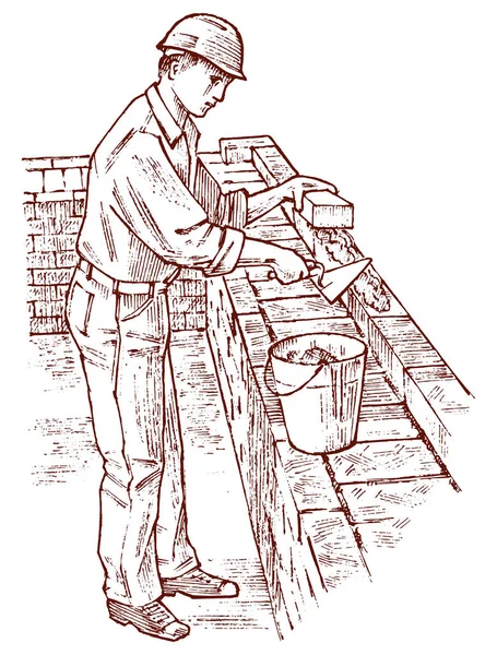 Murare eller Man builder på taket av huset. Arbetaren ingenjör i hjälmen. Hand dras retro vintage illustration. Graverade skiss. — Stock vektor