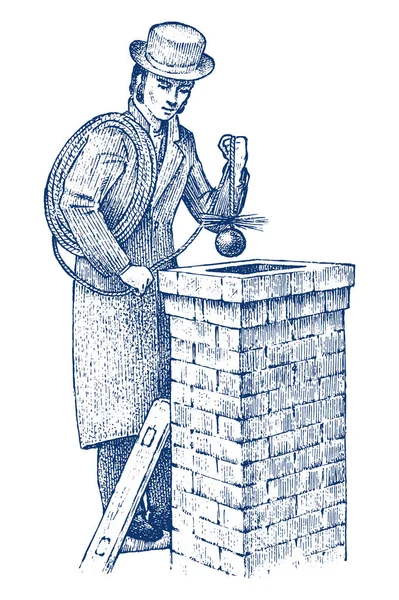 Murare eller Man builder på taket av huset. Gentleman mason, arbetare i kappa och hatt. 20 år, dras hand retro vintage illustration. Graverade skiss. — Stock vektor