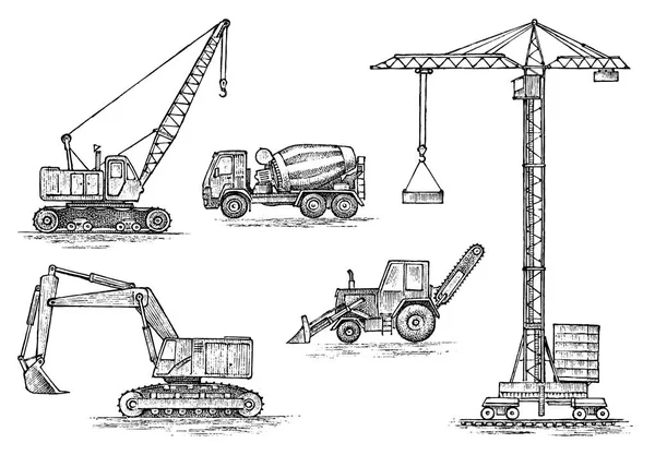 Konehuone. Rakennusten rakentamiseen käytettävät raskaat laitteet. Maatalouskoneet. Nosturi ja agrimotor, traktori ja kaivinkone, betoni kuorma maatilan ja maanrakennustyöt. Käsin piirretty — vektorikuva