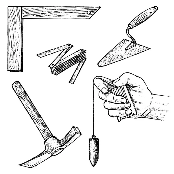 Arbetsredskap för konstruktion och reparation av byggnader. Spatel, hammare, mätinstrument. Handritad Engraved vintage skiss. — Stock vektor