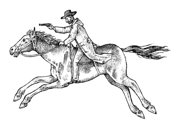 Un cowboy che cavalca un cavallo. Icona del rodeo occidentale, Texas Ranger, sceriffo col cappello. Selvaggio West, stile country. Vintage inciso a mano schizzo disegnato . — Vettoriale Stock