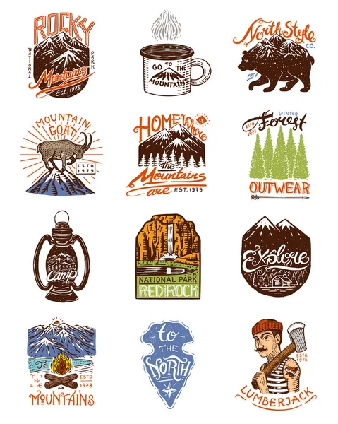 Camping logo and labels. Mountains and lumberjack, brown bear, mountain goat, pine trees. Trip in the forest, outdoor and adventure. Colored badges on the chalkboard. Hand drawn vintage pins. — Stock Illustration Camping logo and labels. Mountains and lumberjack, brown bear, mountain goat, pine trees. Trip in the forest, outdoor and adventure. Colored badges on the chalkboard. Hand drawn vintage pins. Royalty Free Stock Vectors