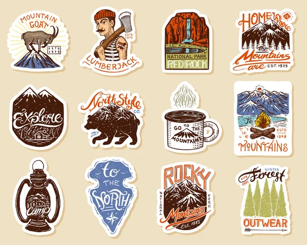 Camping logo and labels. Mountains and lumberjack, brown bear and goat, pine trees. Trip in the forest, outdoor, adventure is waiting. Colored badges on the chalkboard. Hand drawn vintage pins. — Stock Illustration Camping logo and labels. Mountains and lumberjack, brown bear and goat, pine trees. Trip in the forest, outdoor, adventure is waiting. Colored badges on the chalkboard. Hand drawn vintage pins. Stock Illustration
