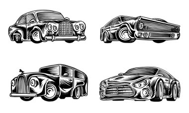 Kaslı ve logo ve Etiketler için vintage taşımaları. Retro eski okul Oto Servisi kümesi. Klasik roadster topluluğu. Oyma el çizilmiş kroki. İş sınıfı ve spor motorlu araçlar için.