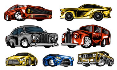 Kaslı ve logo ve Etiketler için vintage taşımaları. Retro eski okul Oto Servisi kümesi. Klasik roadster topluluğu. Oyma el çizilmiş kroki. İş sınıfı ve spor motorlu araçlar için.