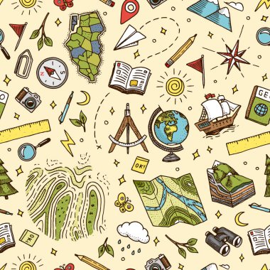 Coğrafya sembolleri seamless modeli. Aletleri web afiş arka plan için. Vintage anahat kroki için web afiş. Doodle tarzı. Eğitim kavramı. Geri okul arka plan için. Elle çizilmiş stili.