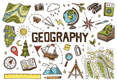 Coğrafya simgeler kümesi. Aletleri için web afiş. Vintage anahat kroki için web afiş. Doodle tarzı. Eğitim kavramı. Geri Okul arka plan için. Elle çizilmiş stili.