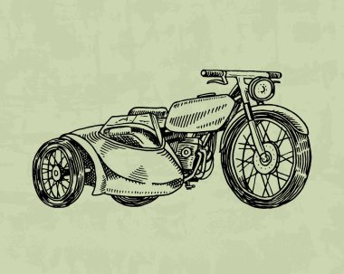 Vintage motosiklet, retro bisiklet. Eski stil aşırı motorcu Ulaştırma. El işlemeli tek renkli kroki poster ve başlık sayfası için çekilmiş.