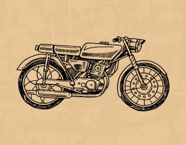 Vintage motosiklet, retro bisiklet. Eski stil aşırı motorcu Ulaştırma. El işlemeli tek renkli kroki poster ve başlık sayfası için çekilmiş.