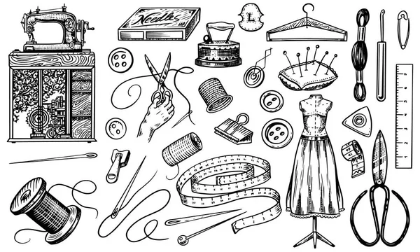 Set of sewing tools and elements or materials for needlework. Handmade equipment. Tailor shop for badges labels. Thread and needle, mannequin. Engraved hand drawn realistic in old vintage sketch. — Stock Vector