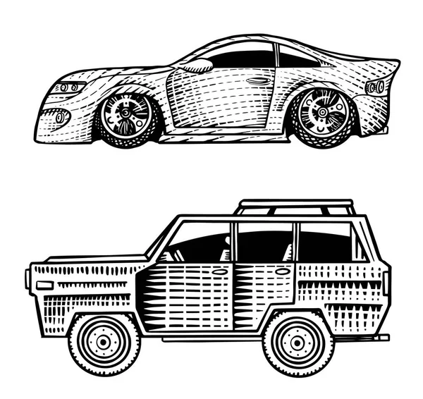 マッスルカーとロゴとラベルのヴィンテージのトランスポート。レトロなオールドスクール オート サービスのセットです。古典的なロードスターのコレクションです。刻まれた手描きのスケッチ。ビジネス クラスおよびスポーツ自動車. — ストックベクタ