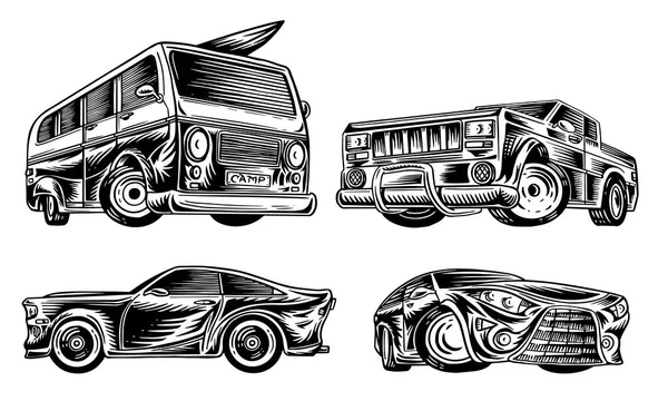 Carros musculares e transportes antigos. Conjunto de retro old school van e serviço de auto. Coleção de roadster clássico. Esboço gravado desenhado à mão. Classe executiva e veículo motorizado esportivo . —  Vetores de Stock