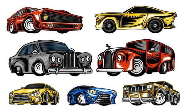 Muscle cars and vintage transports for logo and labels. Set of retro old school auto service. Collection of classic roadster. Engraved hand drawn sketch. Business class and sports motor vehicle. — Stock Vector