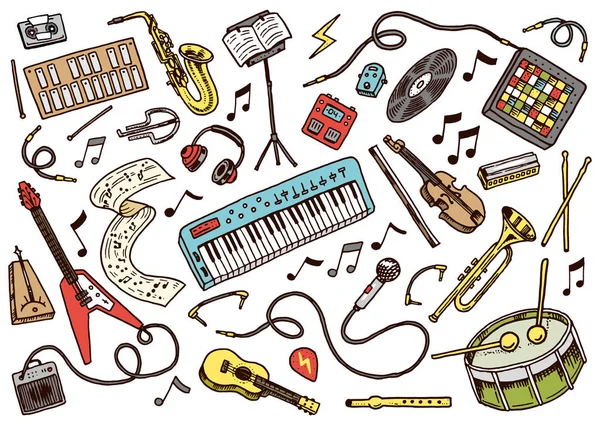 Conjunto de símbolos musicais e ícones. Guitarra Bateria Piano, ferramentas criativas e hobbies. Esboço vintage para banners web. Conceito de educação. De volta ao passado escolar. Estilo Doodle desenhado à mão . — Vetor de Stock