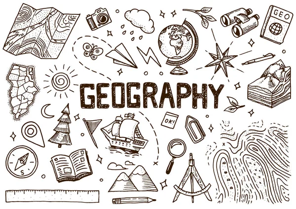Set of geography symbols. Equipments for web banners. Vintage outline sketch for web banners. Doodle style. Education concept. Back to school background. Hand drawn style. — Stock Vector