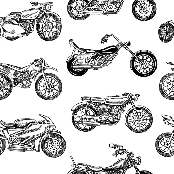 Vintage Seamless Modeli motosiklet. Bisiklet arka plan. Aşırı motorcu taşıma. Eski retro tarzı. El işlemeli tek renkli kroki çekilmiş. — Stok Vektör