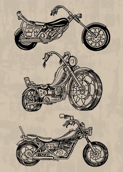 Ensemble de motos Vintage. Collection de vélos. Extreme Biker Transport. Ancien style rétro. Croquis monochrome gravé à la main . — Image vectorielle