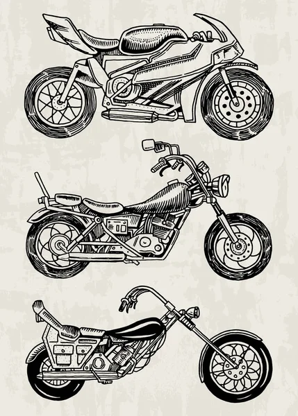 Set of Vintage motorcycles. Collection of bicycles. Extreme Biker Transport. Retro Old Style. Hand drawn Engraved Monochrome Sketch. — Stock Vector