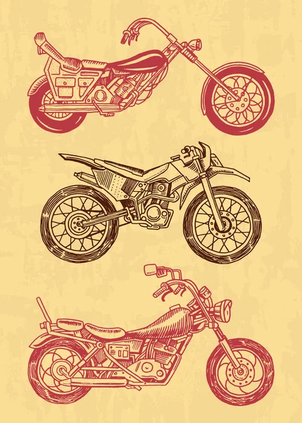 Набор винтажных мотоциклов. Коллекция велосипедов. Экстремальный байкерский транспорт. Старый стиль ретро. Ручной рисунок монохромного наброска . — стоковый вектор