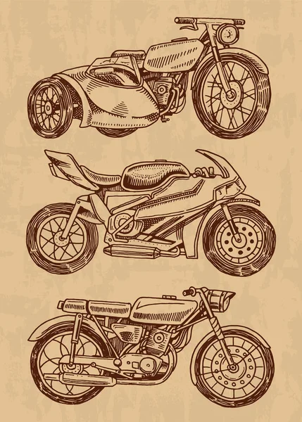 Set Motos Vintage Colección Bicicletas Transporte Motociclistas Extremos Estilo Antiguo — Vector de stock