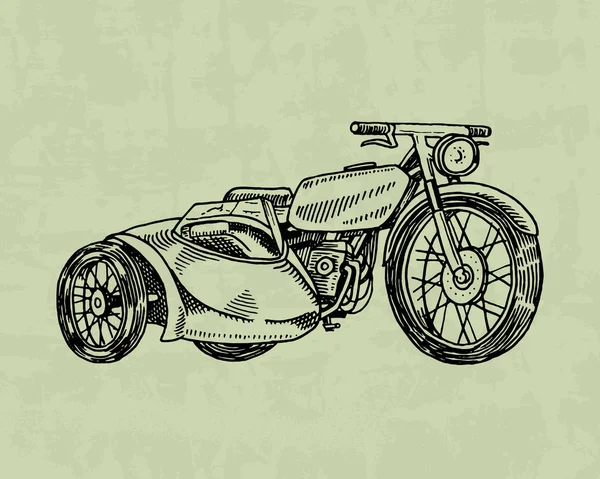 Винтажный мотоцикл, ретро-велосипед. Экстремальный байкерский транспорт в старом стиле. Ручной рисунок монохромного эскиза для плаката и баннера . — стоковый вектор