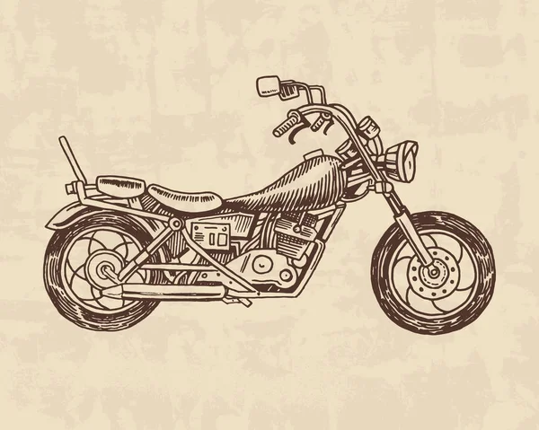 Vintage motocykl, rower retro. Ekstremalny rowerzysta transportu w starym stylu. Ręcznie rysowane grawerowane szkic monochromatyczne plakat i transparent. — Wektor stockowy