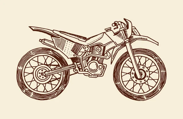 Motocicleta vintage, bicicleta retro. Transporte de motociclistas extremos en estilo antiguo. Dibujado a mano grabado monocromo boceto para cartel y pancarta . — Vector de stock