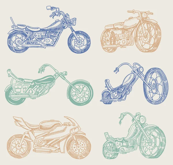 Vintage motosiklet, retro bisiklet. Eski stil aşırı motorcu Ulaştırma. El işlemeli tek renkli kroki poster ve başlık sayfası için çekilmiş. — Stok Vektör