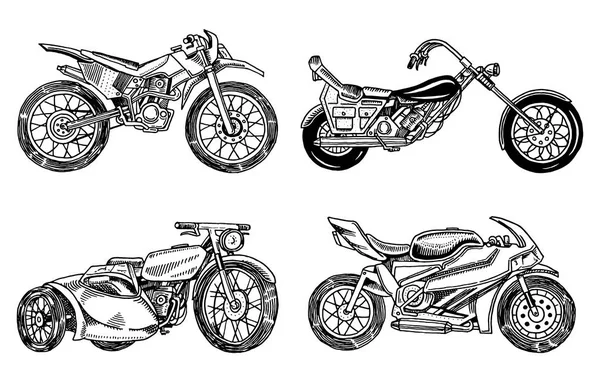 Conjunto de motocicletas vintage. Coleção de bicicletas. Extreme Motociclista Transporte. Estilo antigo retrô. Desenho Monocromático Gravado à mão . —  Vetores de Stock