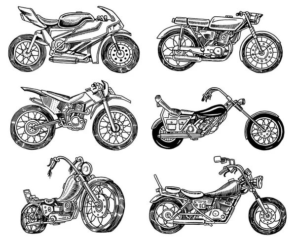 Vintage motorcycle, retro bicycle. Extreme Biker Transport in Old Style. Hand drawn Engraved Monochrome Sketch for poster and banner. — Stock Vector