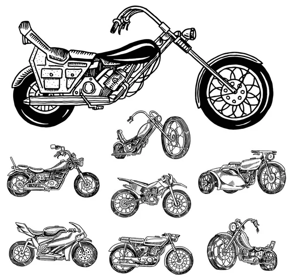 Motocicleta vintage, bicicleta retro. Transporte de motociclistas extremos en estilo antiguo. Dibujado a mano grabado monocromo boceto para cartel y pancarta . — Vector de stock