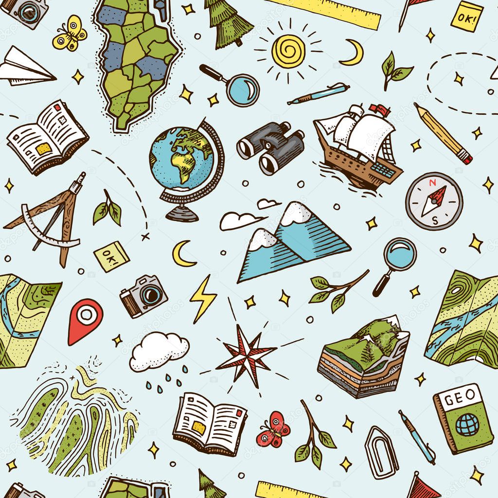 Geography symbols seamless pattern. Equipments for web banners background. Vintage outline sketch for web banners. Doodle style. Education concept. Back to school background. Hand drawn style.
