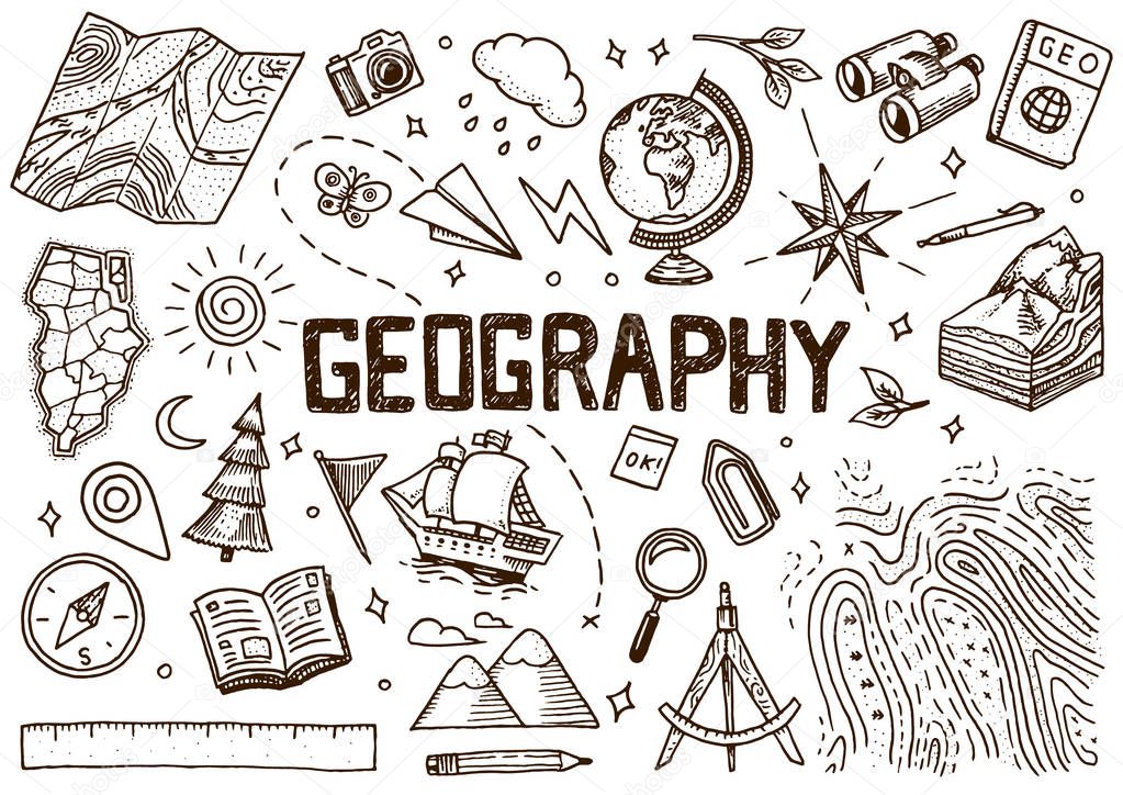 Set of geography symbols. Equipments for web banners. Vintage outline sketch for web banners. Doodle style. Education concept. Back to school background. Hand drawn style.